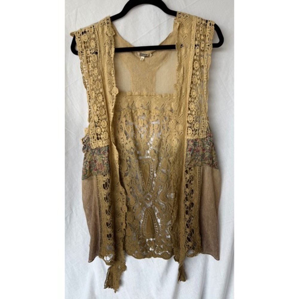 Gimmicks Festival Steampunk Lace Crochet Vest Tan Brown Ombre Floral Boho Large